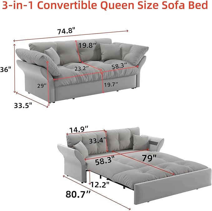 74.8 Queen Pull Out Sofa Bed 3-in-1 Convertible Sleeper Sofa Velvet Small Loveseat for Small Spaces Comfy Cloud Pullout Couches Multi-Functional Couches for Living Room Apartment and Office