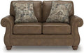 Bowery Hill Faux Leather Loveseat Brown Finish 68 W x 38 D x 39 H Solid Wood Frame High-Resiliency Foam Cushions Chenille Accent Pillows Nailhead Trim Modern Contemporary Living Room Seating