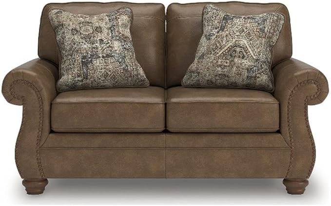 Bowery Hill Faux Leather Loveseat Brown Finish 68 W x 38 D x 39 H Solid Wood Frame High-Resiliency Foam Cushions Chenille Accent Pillows Nailhead Trim Modern Contemporary Living Room Seating