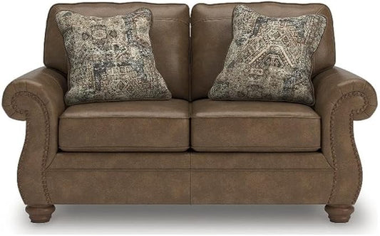 Bowery Hill Faux Leather Loveseat Brown Finish 68 W x 38 D x 39 H Solid Wood Frame High-Resiliency Foam Cushions Chenille Accent Pillows Nailhead Trim Modern Contemporary Living Room Seating