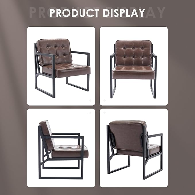 COLAMY Mid Century Modern Accent Chair Comfy Living Room Chairs Brown Leather Accent Chair Faux Leather Reception Armchair with Metal Legs for Living Room Bedroom Reception Waiting Room Brown