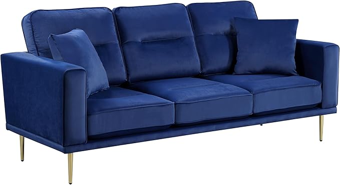 Lexicon Velvet Sofa Couch Modern Couches Metal Seat Base Metal Legs with Gold-Tone Finish 82 inch Sofa with 2 Throw Pillows 3 Seater Couches for Living Room Bedroom Apartment Blue