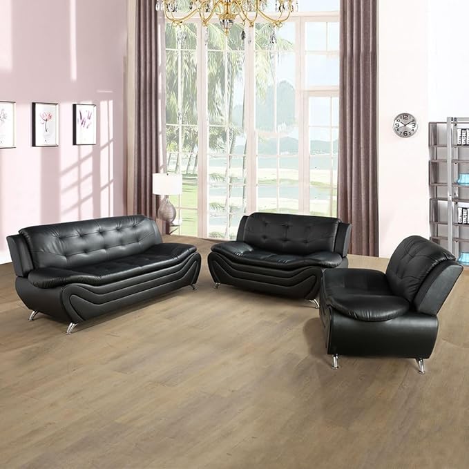 Lounge Comfy Faux Leather Sectional Sofa Modern Couch for Small Living Room/Dorm/Bedroom/Office/Apartment for Small Spaces (Black-1 Three-Piece)