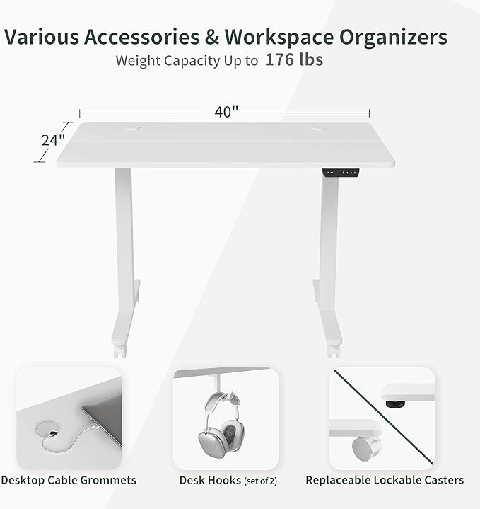 FEZIBO 40x24 Electric Height Adjustable Standing Desk Ergonomic Sit-Stand Home Office Workstation White