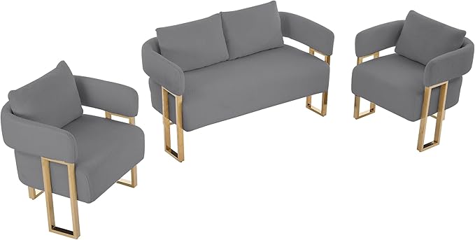 YISHENG Loveseat Sofa and 2 Accent Chairs Comfy Sofa Modern Accent Chairs for Living Room with Golden Legs Teddy Upholstered Reading Armchairs no Wheels for Reception Room//Bedroom/Lounge/OfficeGrey