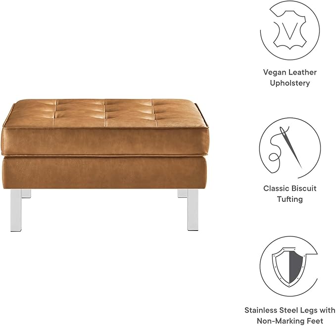 Modway Loft Tufted Button Faux Leather Upholstered Square Ottoman in Silver Tan
