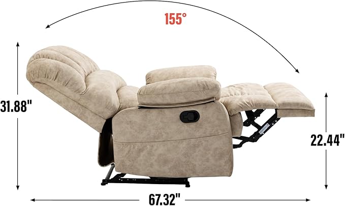 Large Manual Recliner Chair for Living Room Oversized Fabric Reclining Chair with Pillow Top Arms Cushion Back and Smooth Lever Control Heavy-Duty Metal Frame (Beige)