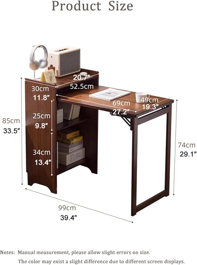 Bamboo Folding Desk with Bookshelf Fold-Out Convertible Writing Table Home Office Desk Storage Cabinet Vanity Table Compact Computer Workstation for Bedroom Living Room Kitchen Office