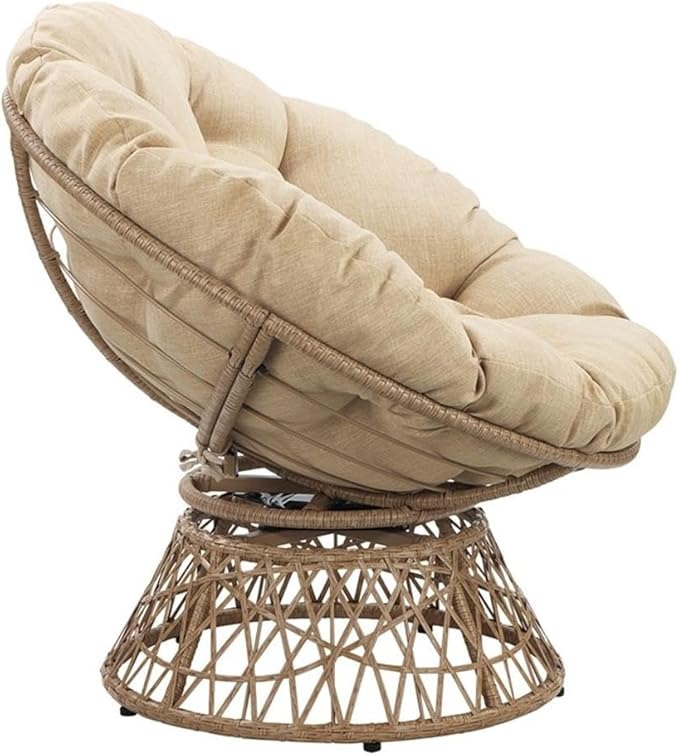 Pemberly Row Papasan Chair Cream Round Pillow Cushion Natural Resin Wicker Weave Metal Frame 360° Swivel 40 W x 36 D x 35.25 H Accent Chair for Living Room Family Room or Dorm