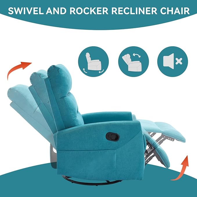 Swivel Rocking Recliner Chair Upholstered Glider Rocker with Adjustable Backrest and Footrest Modern Rocking Chair for Adults with 2 Pockets for Nursery Lounge Bedroom Living Room (Blue)