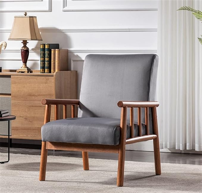 Container Furniture Classic Living Room Mid Century Modern Accent Chair with Unique Open-Framed Arm Design and Solid Wood Frame Velvet Armchair Grey