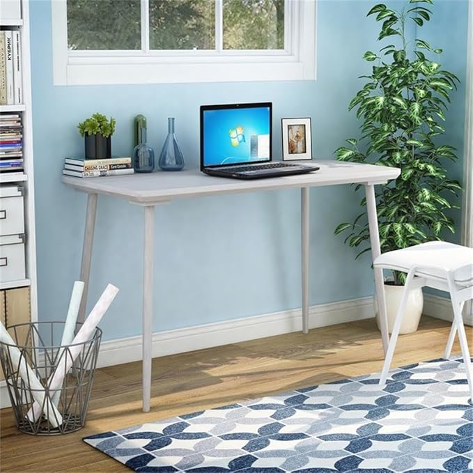 Pemberly Row Mid-Century Wood Writing Desk 47 W x 23 D x 30 H White Oak Finish MDF and Particle Board with Solid Wood Legs Beveled Table Edge Home Office Desk with USB Ports and Outlet