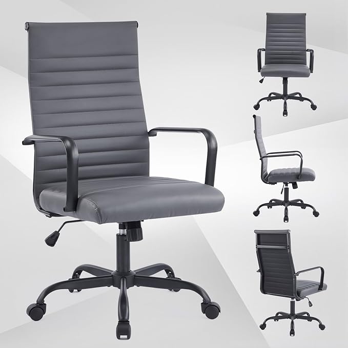 Office Chair Ergonomic Executive Conference Room Chairs Ribbed Leather Desk Chair with Lumbar Support Adjustable Height Mid-Back Swivel Chair with Padded Seat