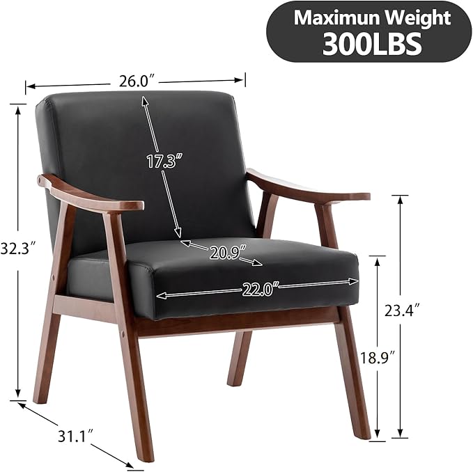 Fefances Mid-Century Modern Accent Chair - Solid Wood Frame Ultra-Thick Backrest Wingback Design Perfect for Bedroom &amp Indoor Lounge AreaBlack