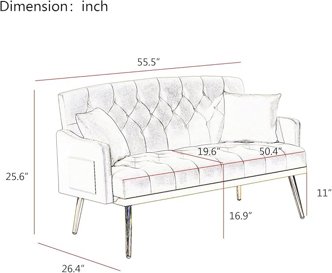 Small Loveseat Sofa Modern 2 Seater Teddy Fabric Small Sofa Couch with Gold Metal Legs and 2 Pillows for Living Room (Pink Teddy Fabric)