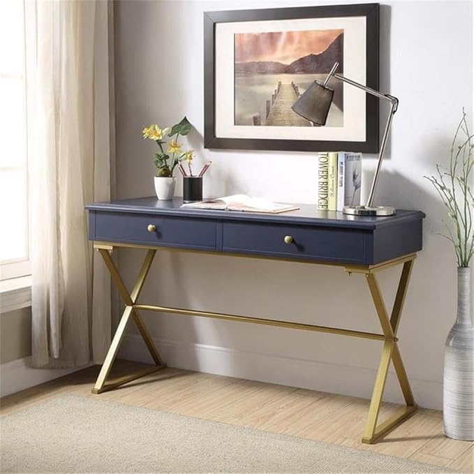 Scranton &amp Co 47 W Mid-Century Metal &amp Wood Writing Desk Sleek Design Incredible Quality for Office/Home Decor in Blue &amp Gold Finish