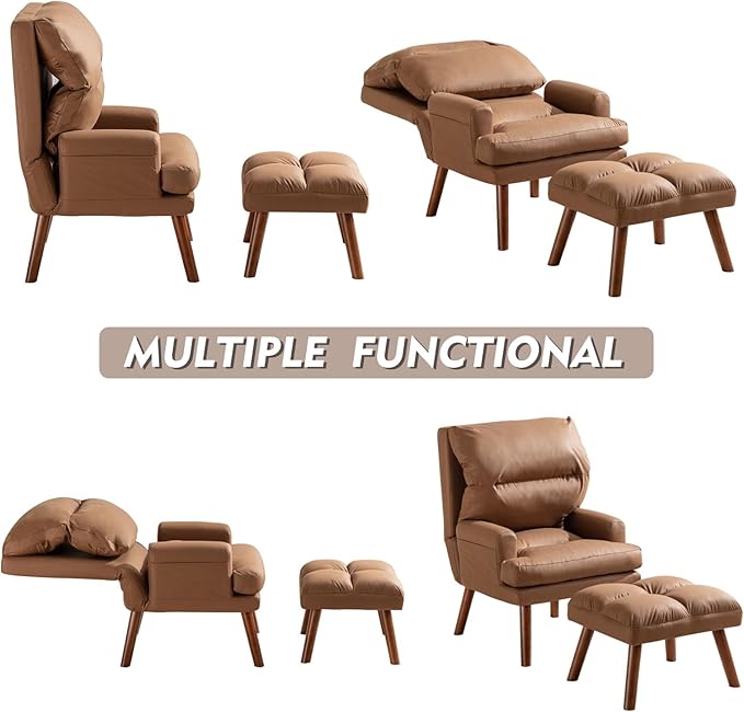 CANMOV Modern Accent Chair with Ottoman Soft Fabric Armchair with Adjustable Backrest and Side Pockets Comfy Lounge Chair for Living Room Bedroom Apartment Office Camel