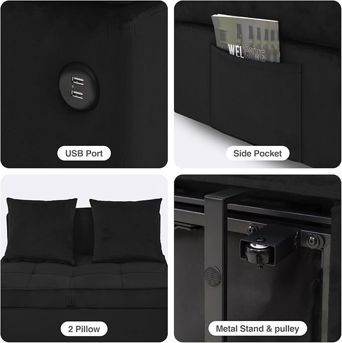 Sofa Bed 4-in-1 Convertible pull out Couch Velvet Love seat Couch Sleeper Chair Bed with 2 Throw Pillow Single Recliner with 5 Adjustable Backrests for Living Room Apartment Small Space Black