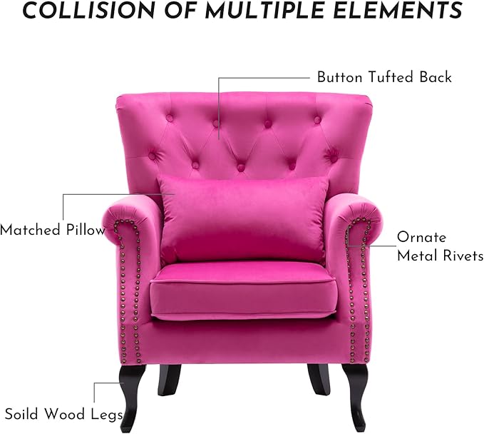 Accent Reading Arm Chairs Set of 2 for Living Room Bedroom Midcentury Modern Comfy Corner Sofa Chair Wingback Waiting Room Club Chair with Button Tufted Back &ampLumbar Pillow Velvet Rose