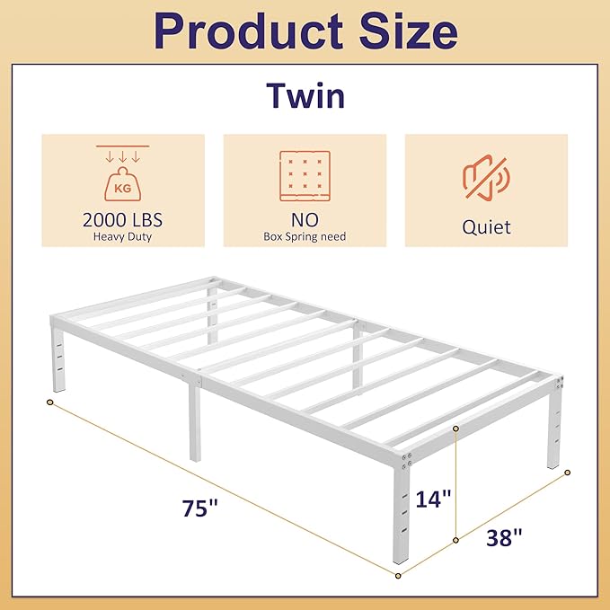 14 Inch Twin Bed Frames No Box Spring Needed Heavy Duty Metal Twin Platform Bed Frame with Large Underbed Storage Space Noise Free Easy Assembly White