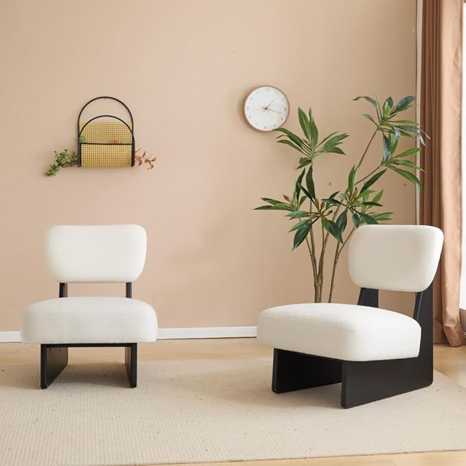 [Set of 2] Modern Beige Lounge Chair with Polyester Upholstery Sturdy Black Wood Base Stylish and Comfortable Accent Seating for Living Room (Black + White + Polyester + Solid Wood)