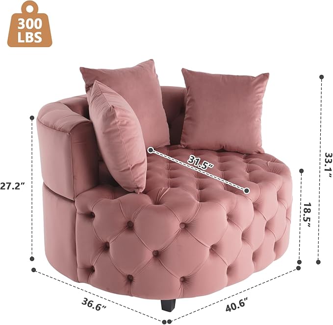 mikibama Oversized Accent Barrel Chair 40.6 W Velvet Upholstered Round Chair with Pillows Rubber Wood Legs Modern Lounge Reading Sofa Armchair for Living Room Bedroom