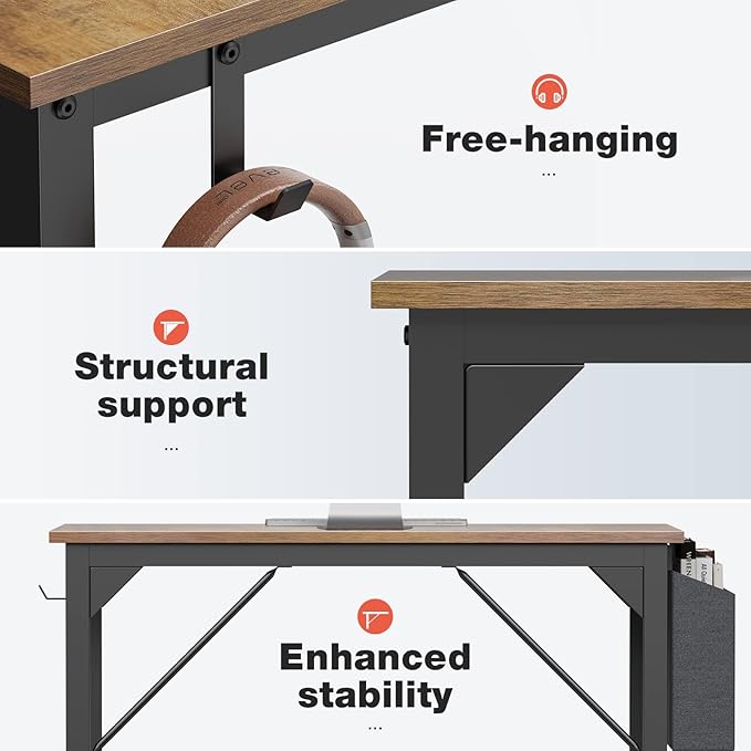 Sweetcrispy Computer Small Office Desk 40 Inch Student Kids Study Writing Work with Headphone Hooks &amp Storage Bag Modern Simple PC Home Bedroom Table - Brown