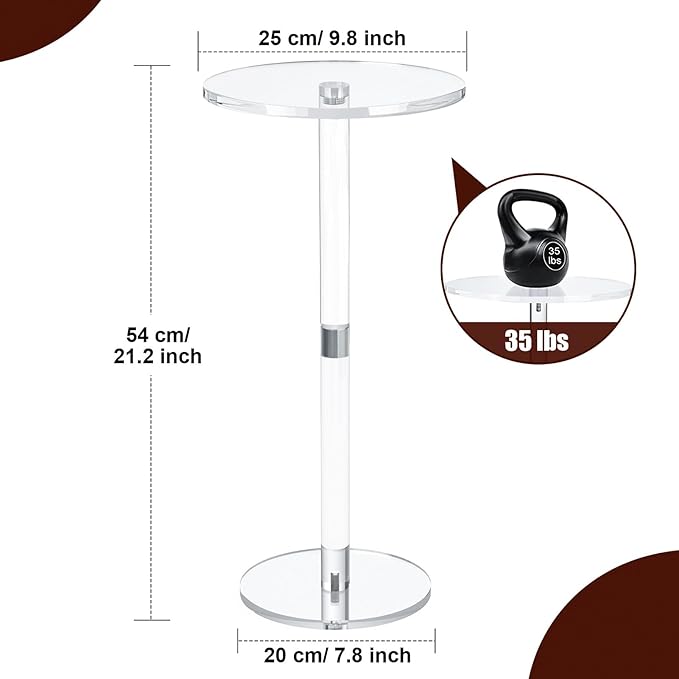 9.8 Round Clear Acrylic End Table - Modern Small Space Side Table for Living Room Bedroom Office Outdoor | Sturdy Easy to Install Multi-Purpose