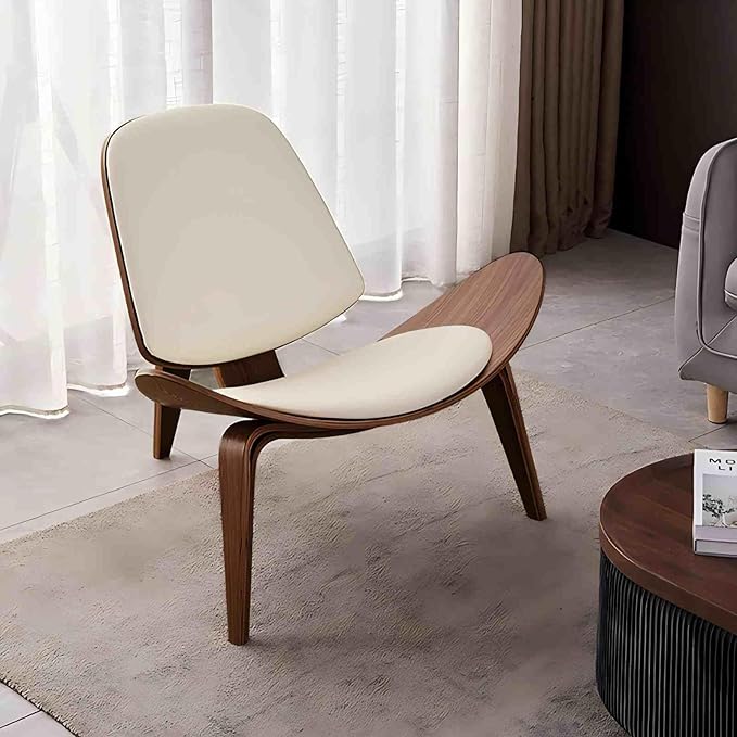 homary Leather Walnut Tripod Accent Chair High Back Lounge Chair with Soft Faux Leather Seat Sturdy Wood Frame for Living Room Bedroom (Black) (White)