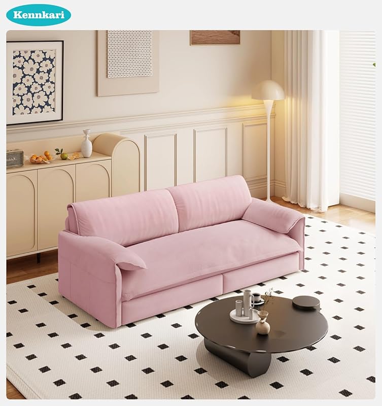 66 Queen Size 3-in-1 Convertible Pull Out Sofa Bed with Side Storage for Small Spaces Multi-Functional Velvet Sleeper Sofa with Wheels for Living Room and Bedroom (Pink)