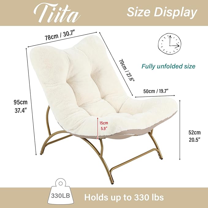 Tiita Accent Lazy Chair Comfy Lounge Chair with Metal Frame and Plush Fabric Spacious Seat Cozy Recliner Chair for Reading Room Living Room Bedroom Office Beige