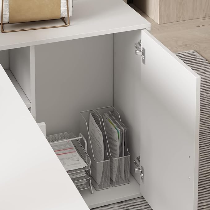 Homsee Home Office Computer Desk Corner Desk with 2 Drawers and 2 Open Cubes 55 Inch Large L-Shaped Study Writing Table with Storage Cabinet White (55.1”L x 47.2”W x 29.5”H)
