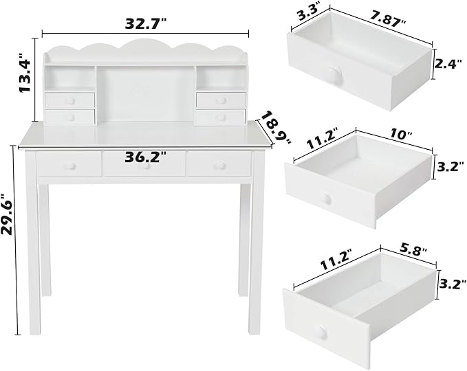 ADORNEVE Writing Desk with 7 Drawers Home Office Desk with Hutch Student Desk Study Table Small White Desks Solid Pine Wood Legs