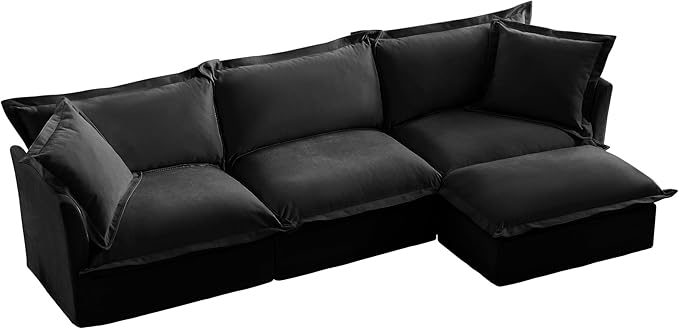 120 Inch 3-Seater Oversized Sectional Sofa with 1 Ottoman - Wide Deep Seat Removable Washable Chenille Fabric for Living RoomBlack