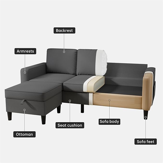 Youmumeub Sectional Couches for Living Room - Convertible Sofa and Storage Bench79''Modern Corner ConfigurationSuitable for Living Room Apartment Bedroom and Office-Gray | Reversible Chaise Rever