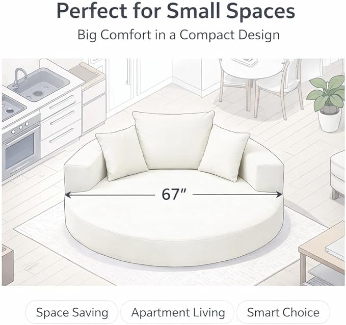 Convertible Round Sofa Bed 67 Corduroy Upholstered Loveseat Sleeper Couch Pull-Out Floor Bed with 3 Pillows No Assembly 550 lbs Weight Capacity (Beige)