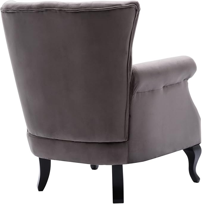 Mid Century Modern Accent Chair Upholstered Armchair Comfy Velvet Fabric Single Sofa with Tufted Wingback for Small Spaces Bedroom Living Room Grey
