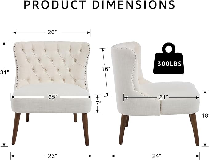 Kmax Accent Chair Slipper Chair with Button Tufted Wingback Armless Living Room Chair with Nails Decorative Modern Side Chair for Bedroom Reception Office Small Space - Linen Beige Walnut Legs