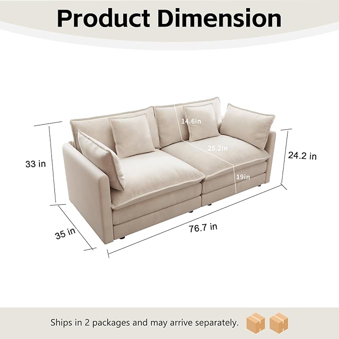 Modular Sectional Sofa 76.7 Comfy Chenille Cloud Couch Loveseat with Armrests and Pillow Modern Deep Seat Sofa Couch for Living Room Apartment (Khaki Loveseat)