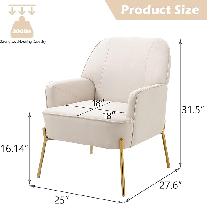 Velvet Accent Chair for Living Room Bedroom Office - Leisure Upholstered Single Sofa Arm Chair - Comfy Reading Club Coffee Chair with Metal Legs (Beige)
