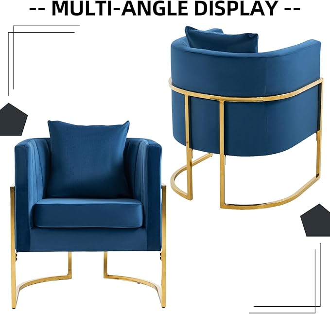 X-VOLSPORT Velvet Accent Chair Modern Barrel Arm Chair for Living Room/Bedroom/Guest Reception Upholstered Club Armchair with Pillow &amp Gold Base Navy Blue
