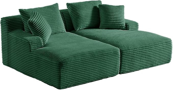Oversized Double Chaise Lounge Chair IndoorWide Corduroy Boneless Chaise Lounges Sofa Comfy Upholstered Sectional Cloud Couch No Assembly Required Loveseat Sleeper Chair Bed for Living Room(Green)