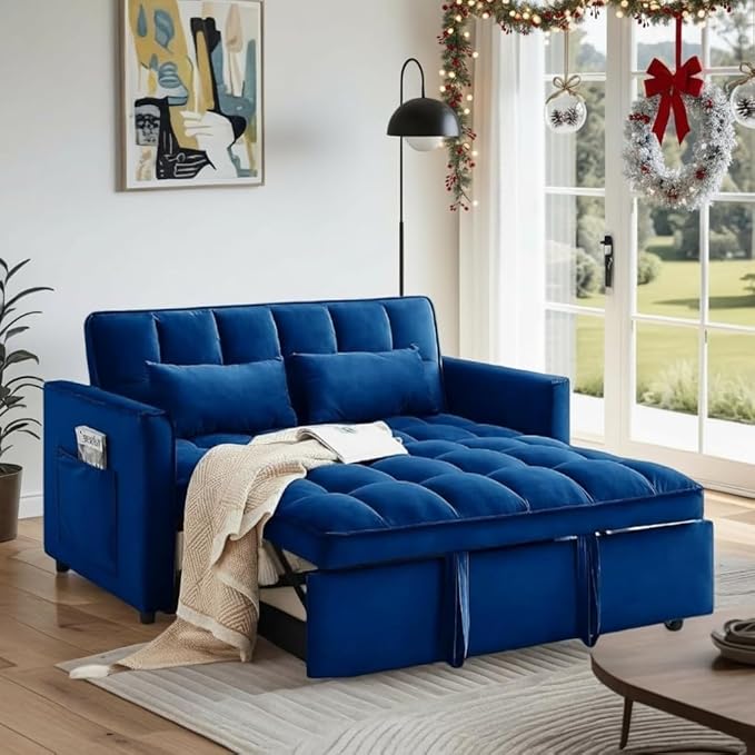 3 In 1 Velvet Convertible Sofa Bed Pull Out Couch Bed with Reclining Backrest And 2 Pillows 54 Full Size Loveseat Sleeper Sofa Futon Couch Bed Couches For Small Spaces Living Room (Blue)