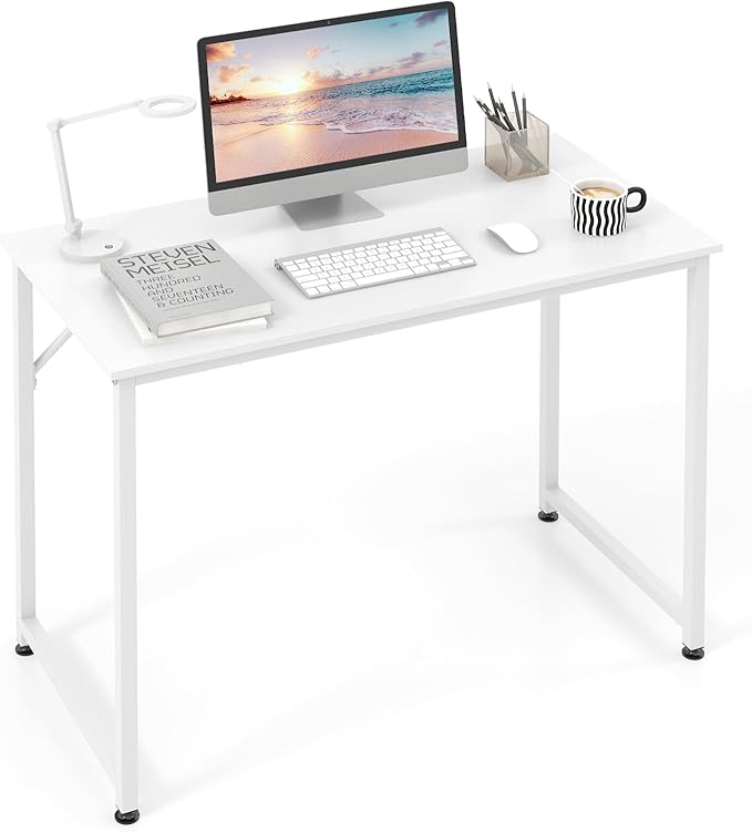 Giantex 40-Inch White Computer Desk Home Office Desk with Heavy-Duty Metal Frame Modern Simple Gaming Table PC Workstation Versatile Small Desk for Bedroom Small Spaces