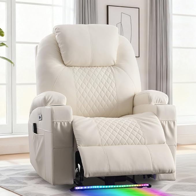 Power Recliner Chair with Heat and Massage for Adults - Home Theater Seating with LED LightsCup HoldersSide PocketUSB Port - Recliner Sofa for Living Room (Beige Set of 2)