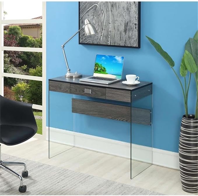 Pemberly Row Contemporary Glass Desk 36 x 15.75 x 30 in Gray Wood Finish Modern Style with Tempered Glass Panels Particle Board and Melamine Construction Compact Home Office or Study Writing Desk