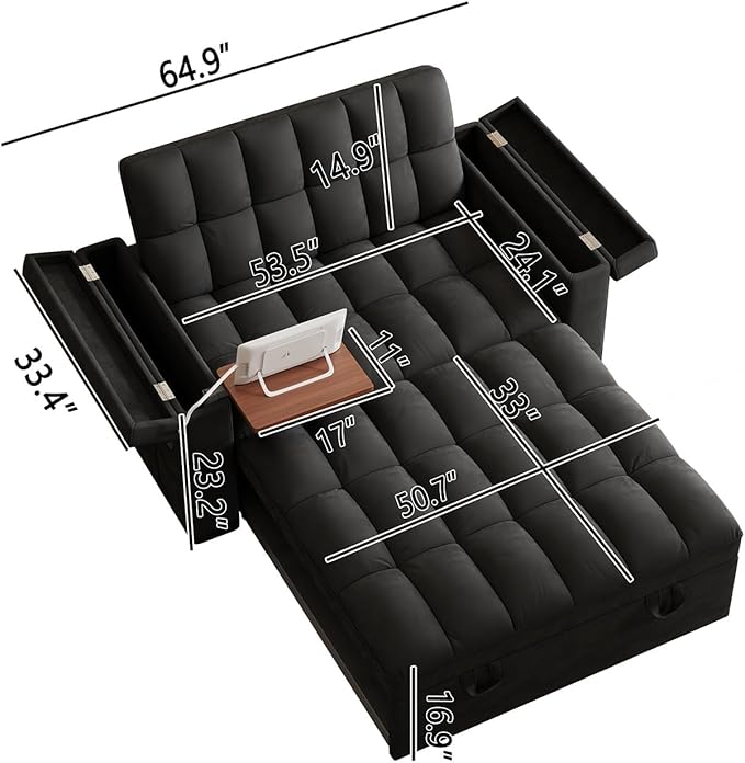 65 Modern Velvet Double Sofa 3 in 1 Foldable Computer Desk Sofa Bed with Adjustable Backrest Storage Bag and Pillow Hidden Living Room Laptop Desk with USB Port (Black)