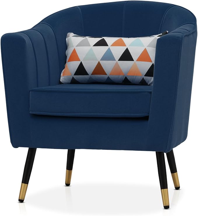 Mid-Century Modern Accent Chair Upholstered Armchair with Lumbar Pillow Single Sofa Chair with Metal Legs for Reading Comfy Barrel Chair for Living Room Bedroom Navy Blue