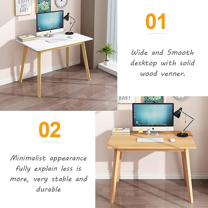 IOTXY Simple Wooden Writing Desk - Modern Minimalist Style PC Laptop Computer Workbench with Solid Wood Legs 39 W Home Office Work Table for TV Stand Music Video Live Broadcast Workstation White