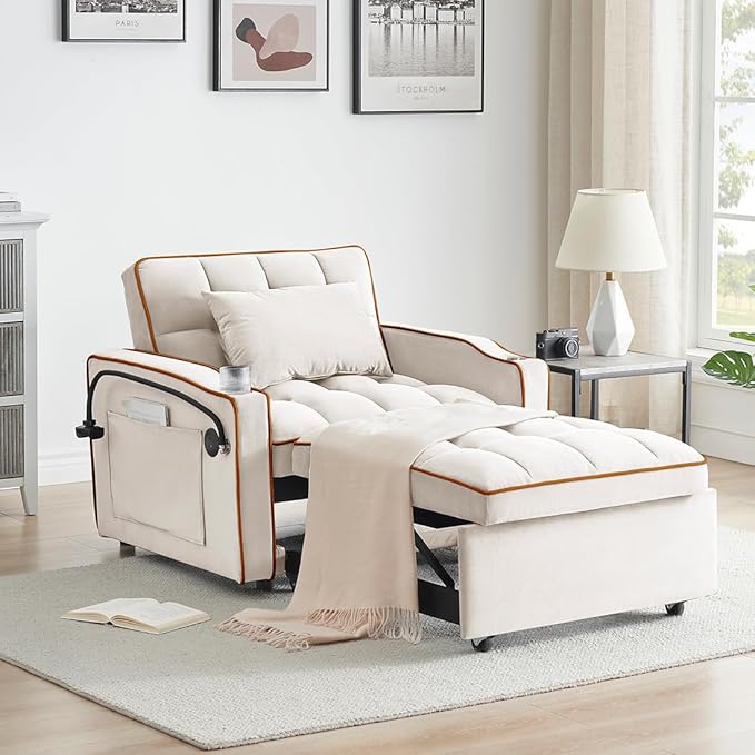 3 in 1 Convertible Sleeper Chair Modern Pull Out Couch Bed Single Recliner with Adjustable Back Velvet Futon Folding Sofa Bed Chair for Living Room Bedroom Small Spaces (Creamy White-2)